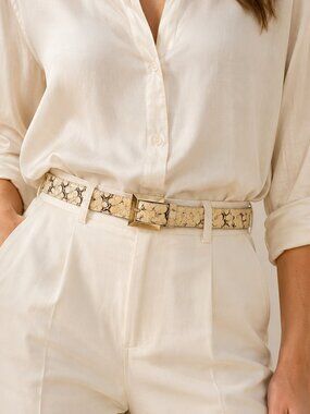 Vintage Ritz Genuine Snakeskin Belt Cream Brown Gold Square Buckle M/L